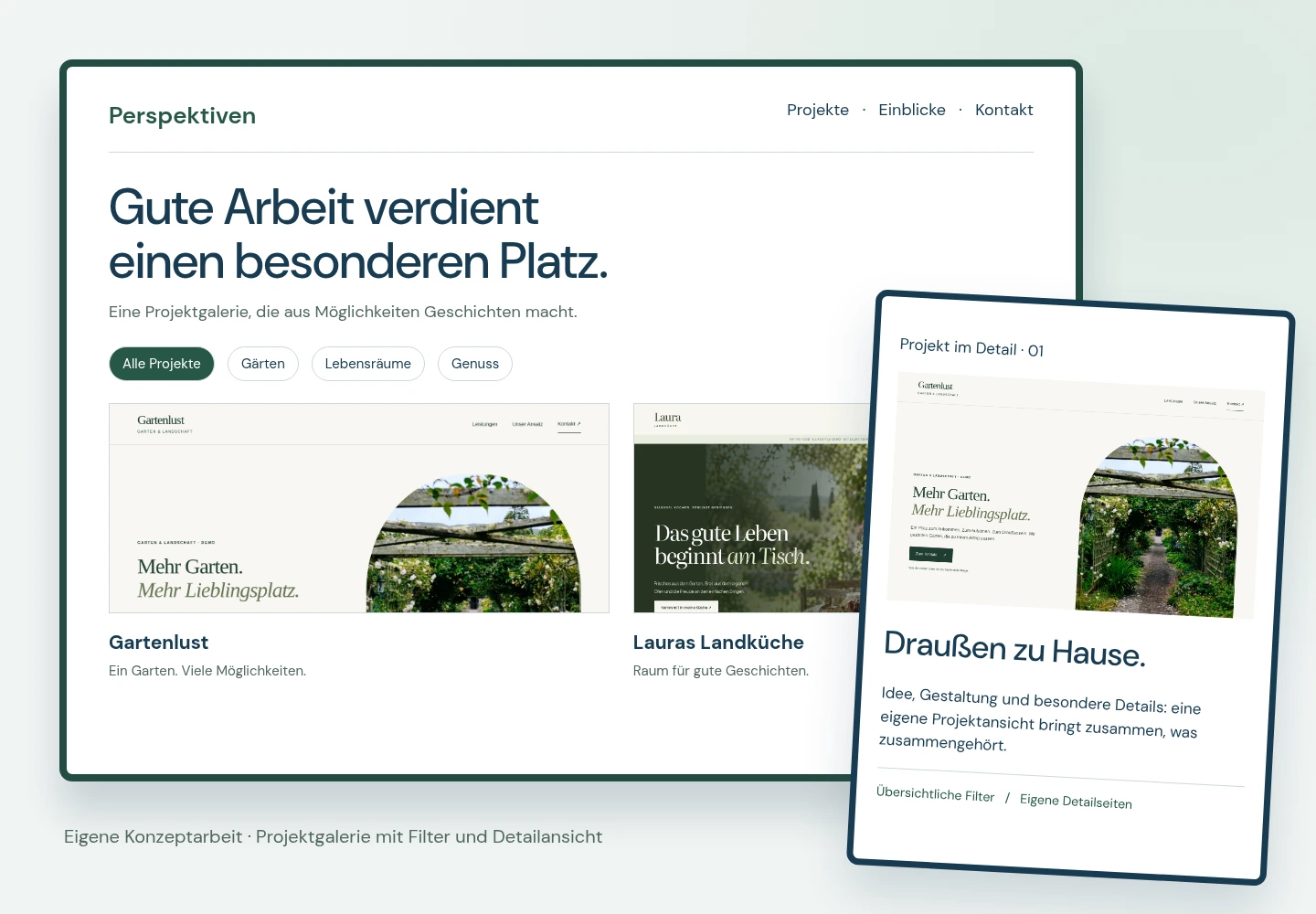 Eigene Projektgalerie mit Filtern und Detailansicht