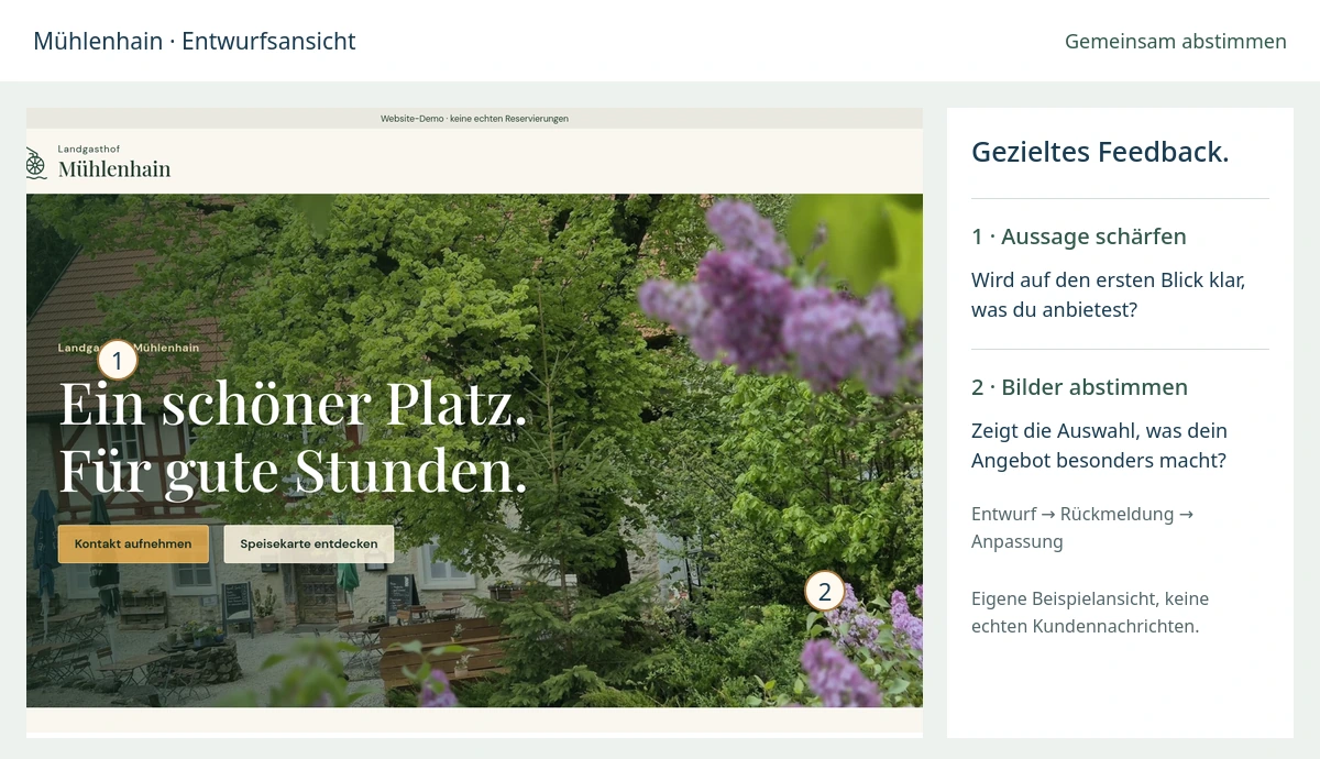 Website-Entwurf von Mühlenhain mit beispielhaften Rückmeldungen