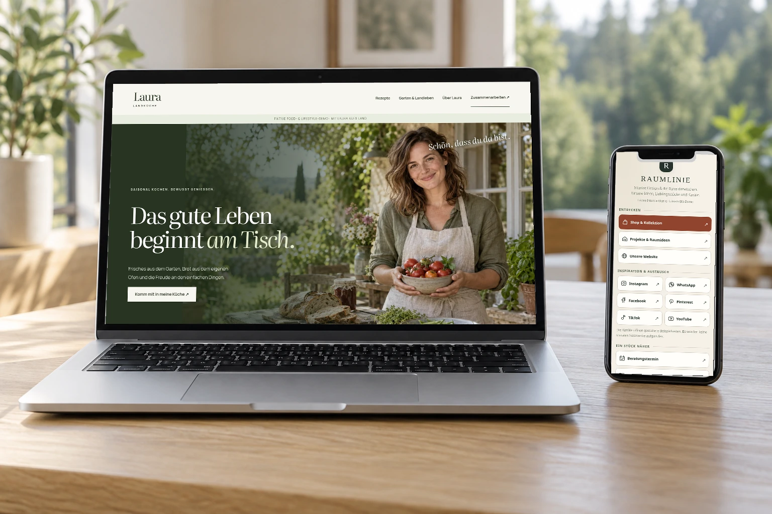 Lauras Landküche auf dem Laptop und die Link-Sammlung RAUMLINIE auf dem Smartphone